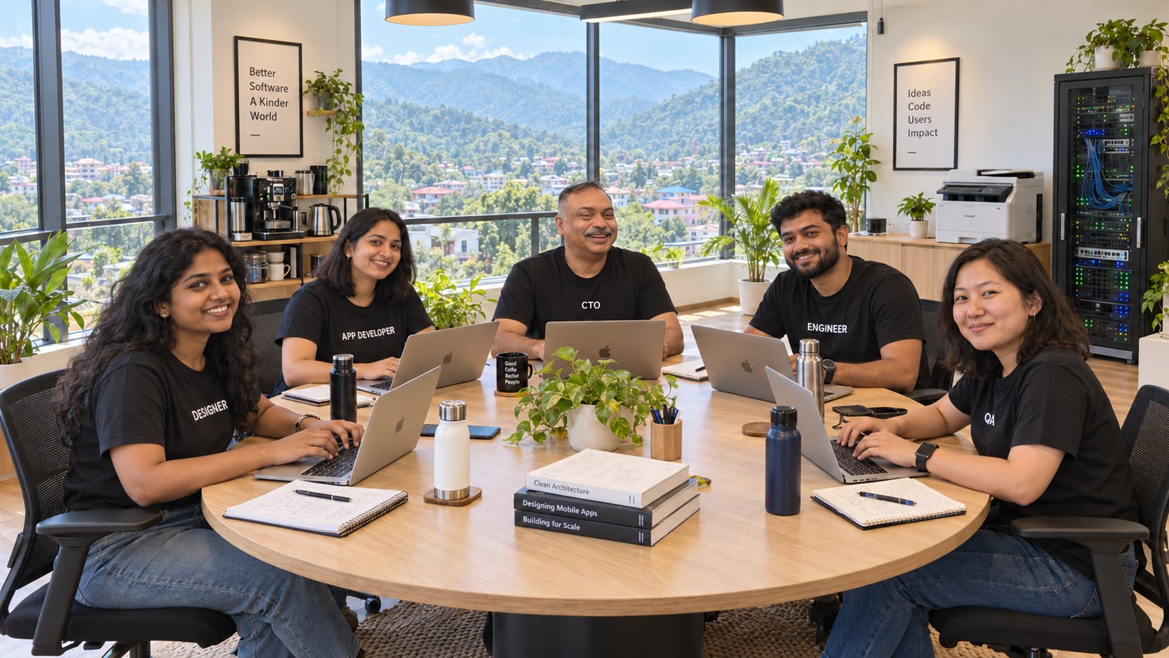The Davy Labs team around a table in the Dehradun office, hills behind the windows
