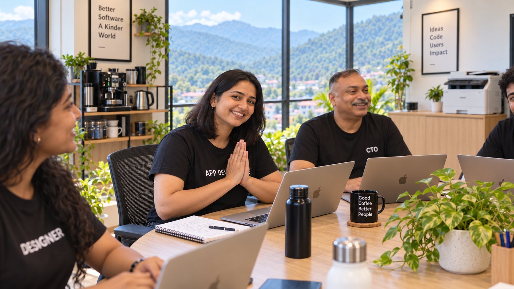 App developer greeting the camera with a namaste while the team works around her