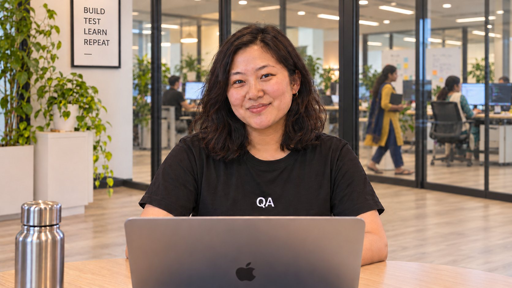 QA engineer at a laptop in the open office